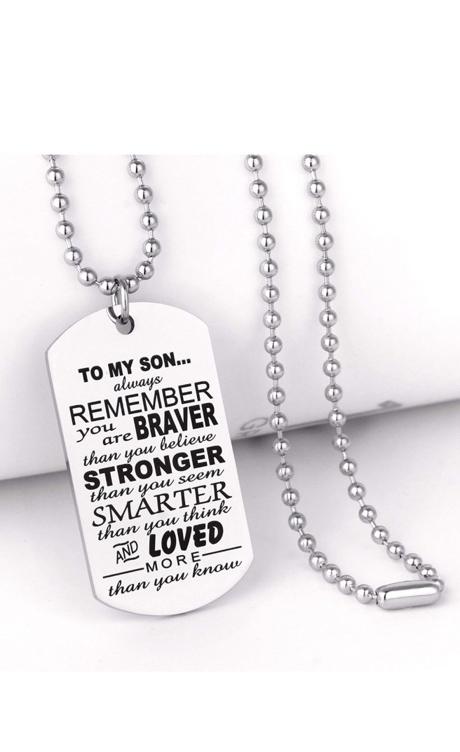 To My Son Dog Tag Pendant Necklace Inspirational Words Engraved Birthday Graduat