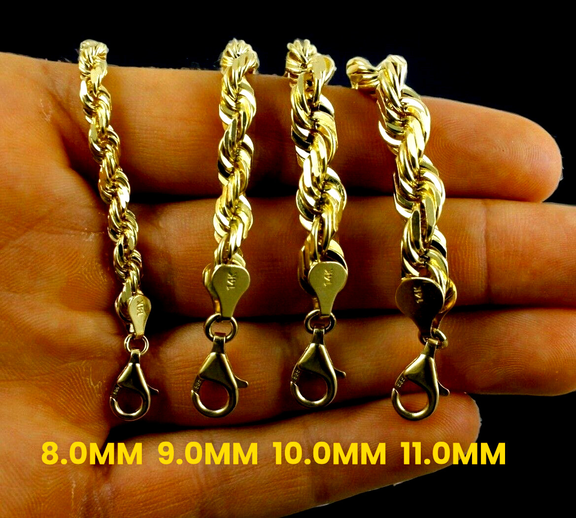 14K Yellow Gold 1mm-10mm Rope Chain Necklace Bracelet Diamond Cut Real 7″-30″