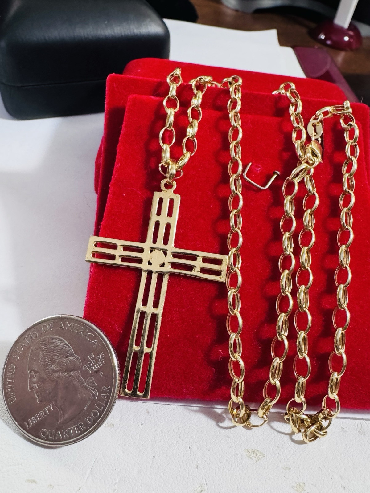 18K 750 Fine Yellow Gold Set Cross Necklace 19.5/20” Long 6.5g 3.8mm WOMENS
