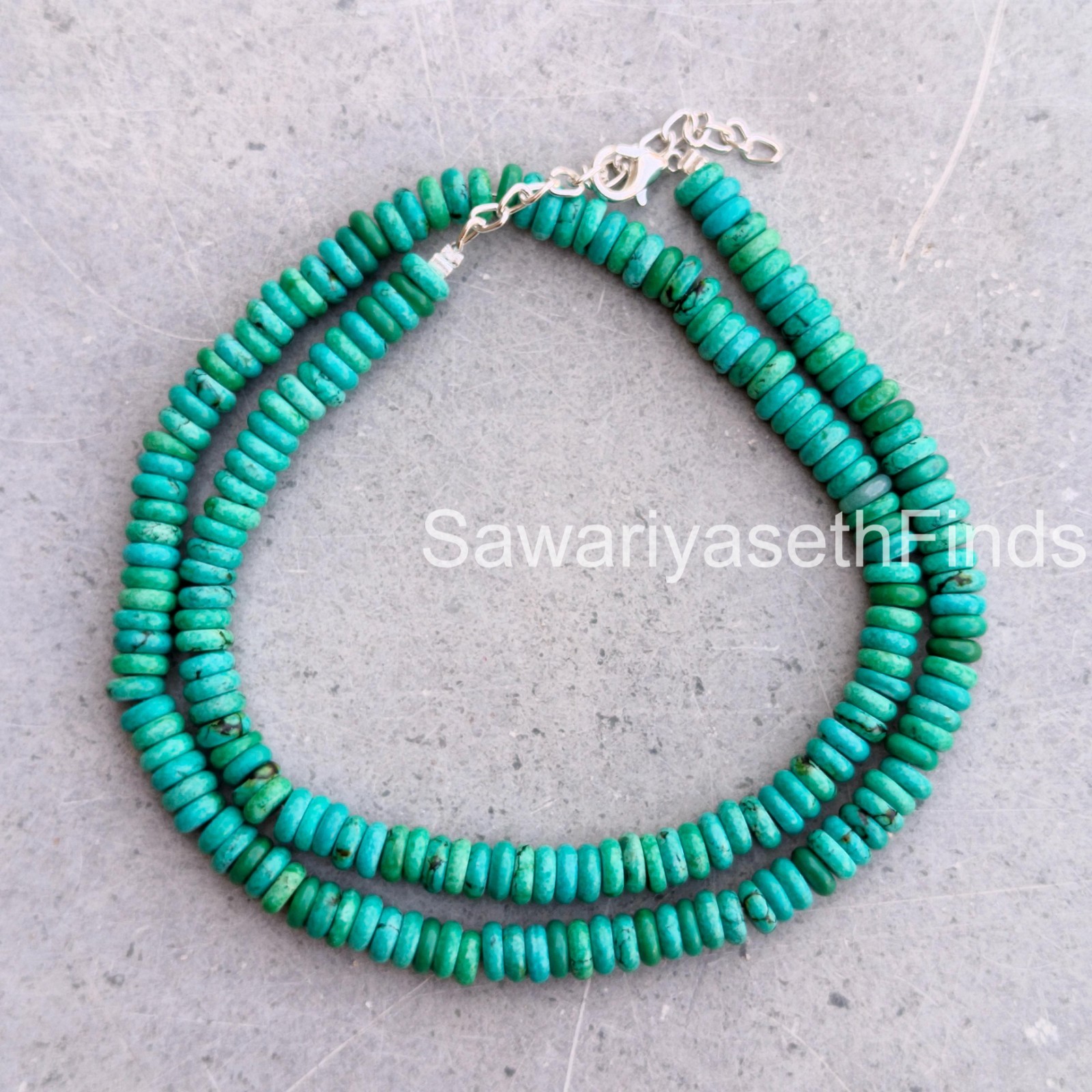 Handmade Arizona Turquoise Rondelle Necklace, 6mm Smooth Gemstone, Sterling Silv