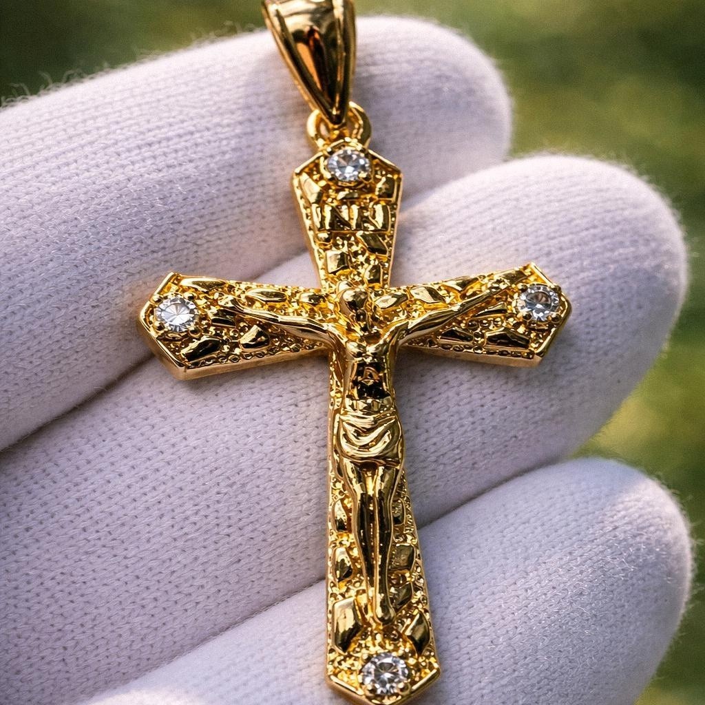 Italian 1/200 14k Yellow Gold Jesus Cross Crucifix Iced CZ Nugget Pendant