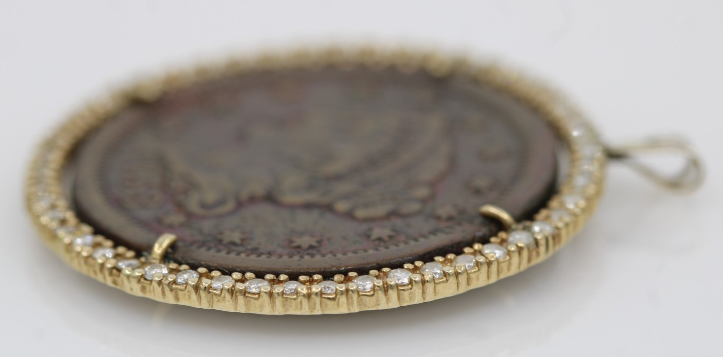 1853 US Braided Hair Large One Cent w/ 0.75 TCW Diamond Coin in 14k Gold Pendant