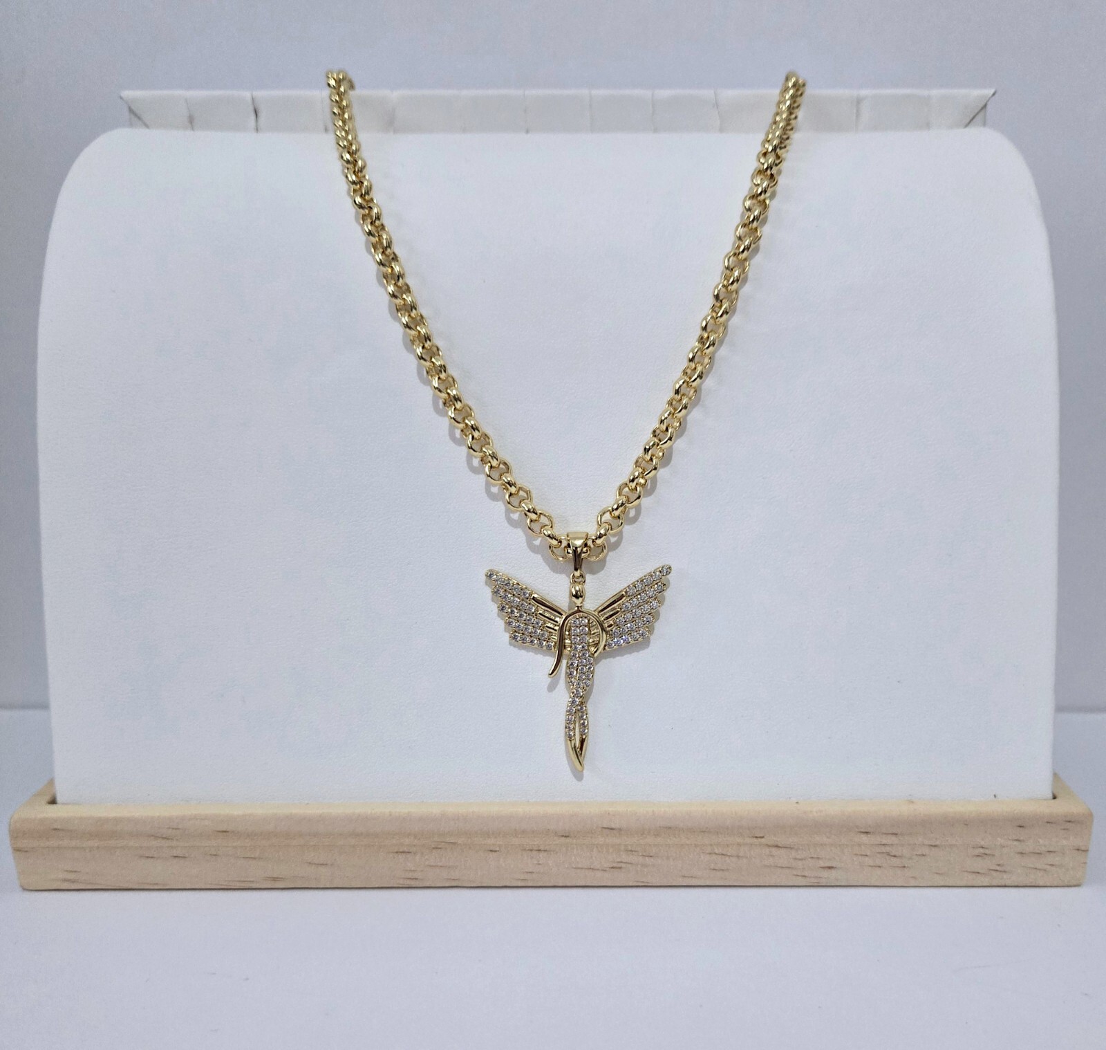 Gold Angel Pendant, Silhouette Angel Wings on 5mm Belcher Chain 30″ 9ct Guilded