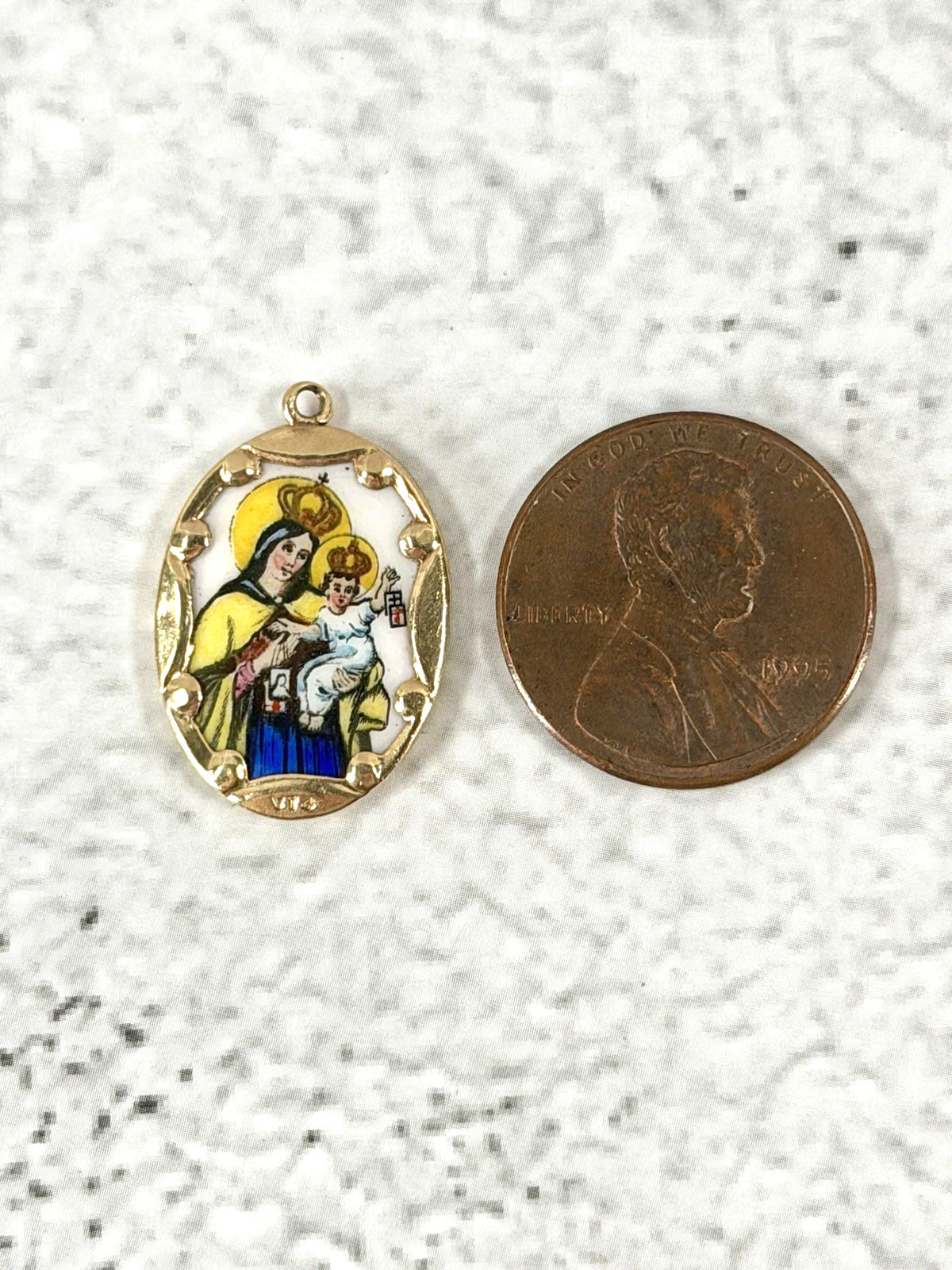 14k Yellow Gold and Porcelain Cathloic Medal Our Lady of Mount Carmel