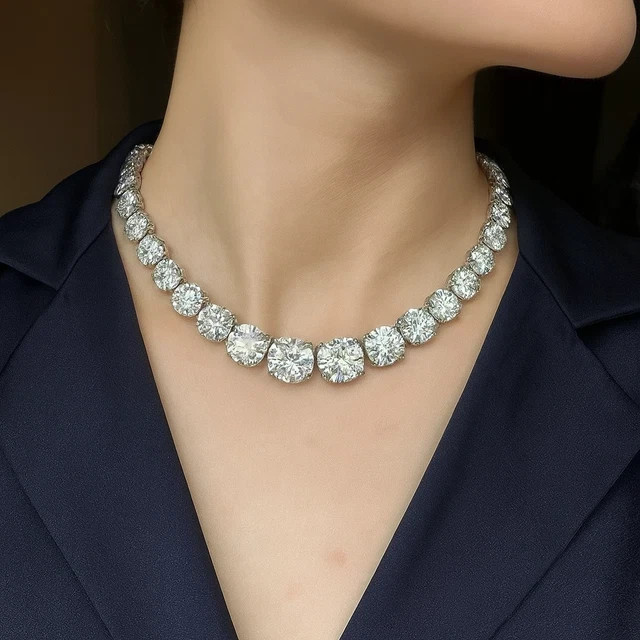 140Ct Round Cut Real Moissanite Diamond Necklace 14k White Gold Finish 18 inch