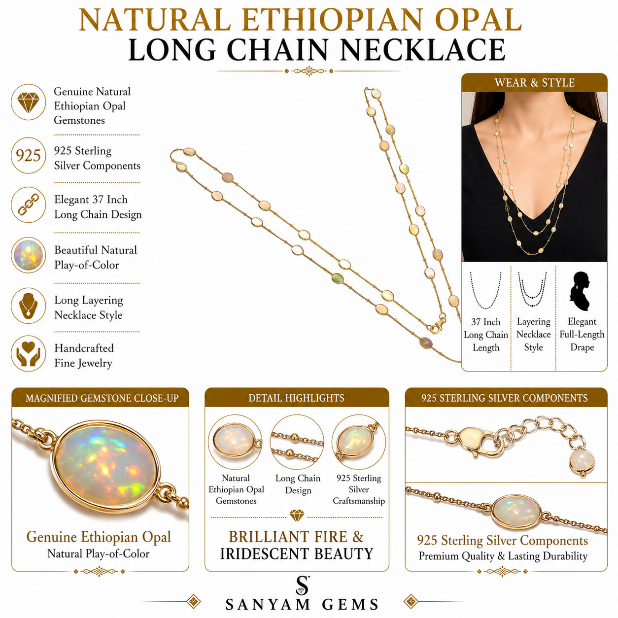Natural Ethiopian Opal Station Necklace 925 Sterling Silver Long Chain 37″ P-597