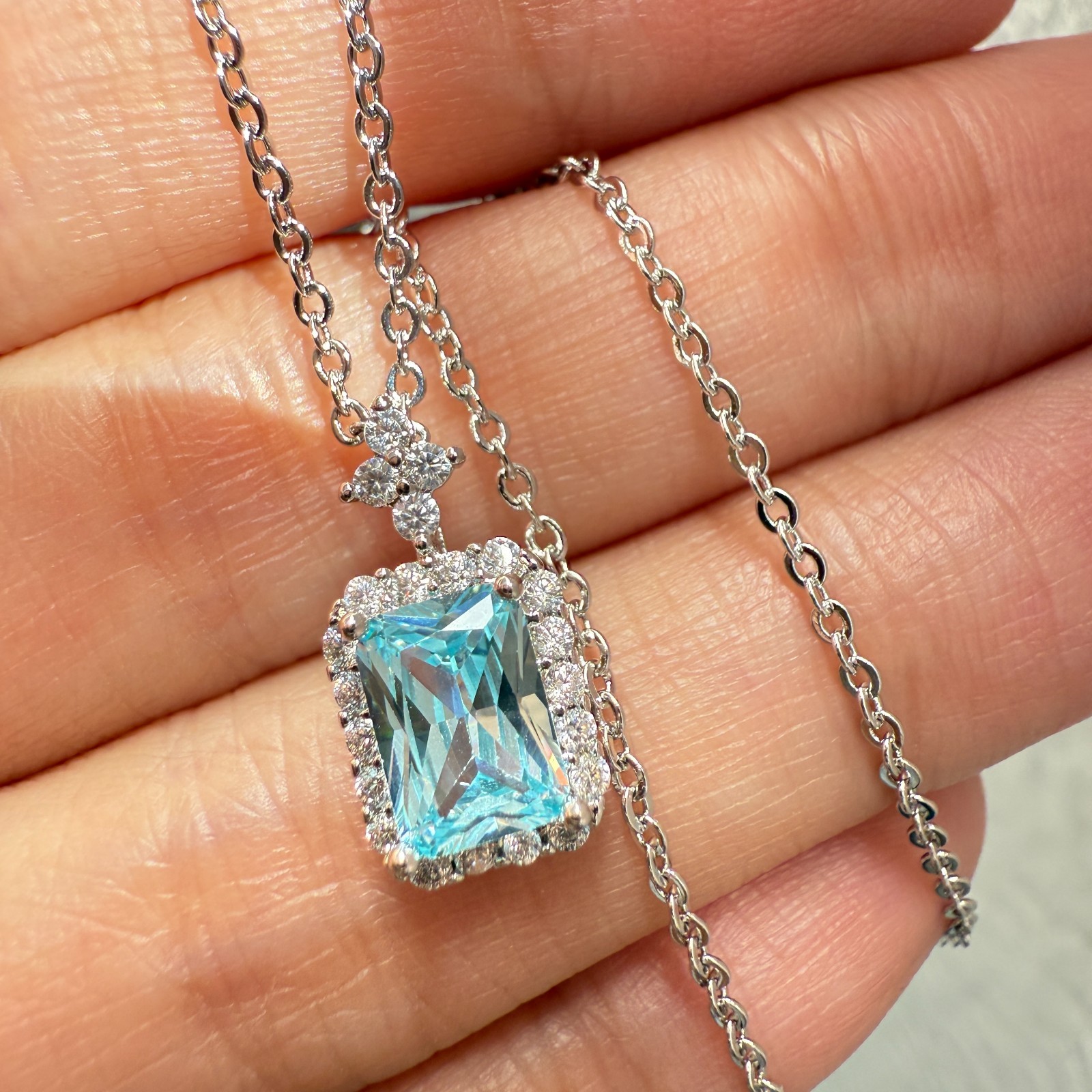 925 Sterling Silver Necklace 7x5mm Natural Aquamarine Birthstone Flower Chain