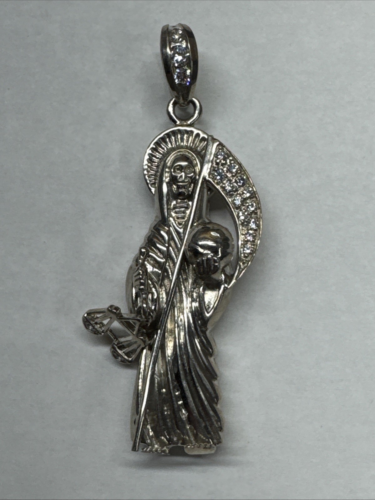 Sterling Silver Grim Reaper pendant Dije de la Santa Muerte Plata REAL 925 Cz