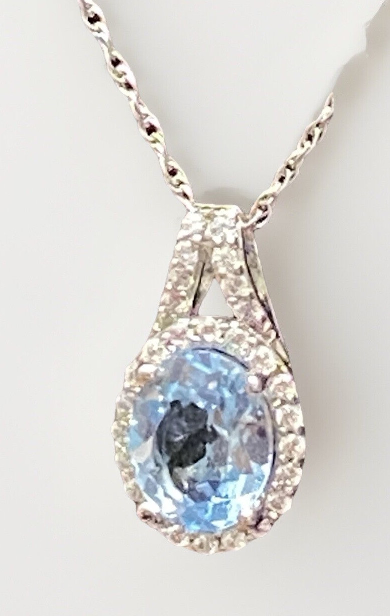 Fine Sterling Silver Chain Necklace & Blue Surrounded by White Topaz 17-1/2″