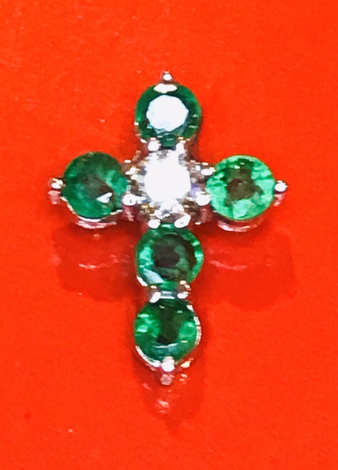 14k Solid White gold Natural Emerald & Diamond Pendant May Birthstone Cross