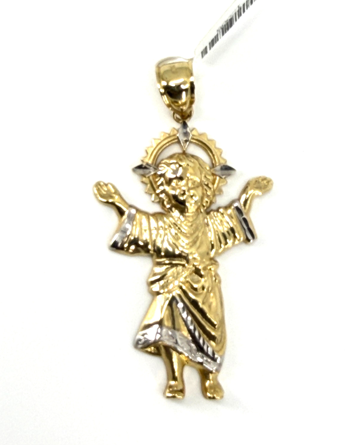 10K Solid Yellow Gold Divino Nino Baby Jesus Two Tone Diamond Cut Pendant Italy