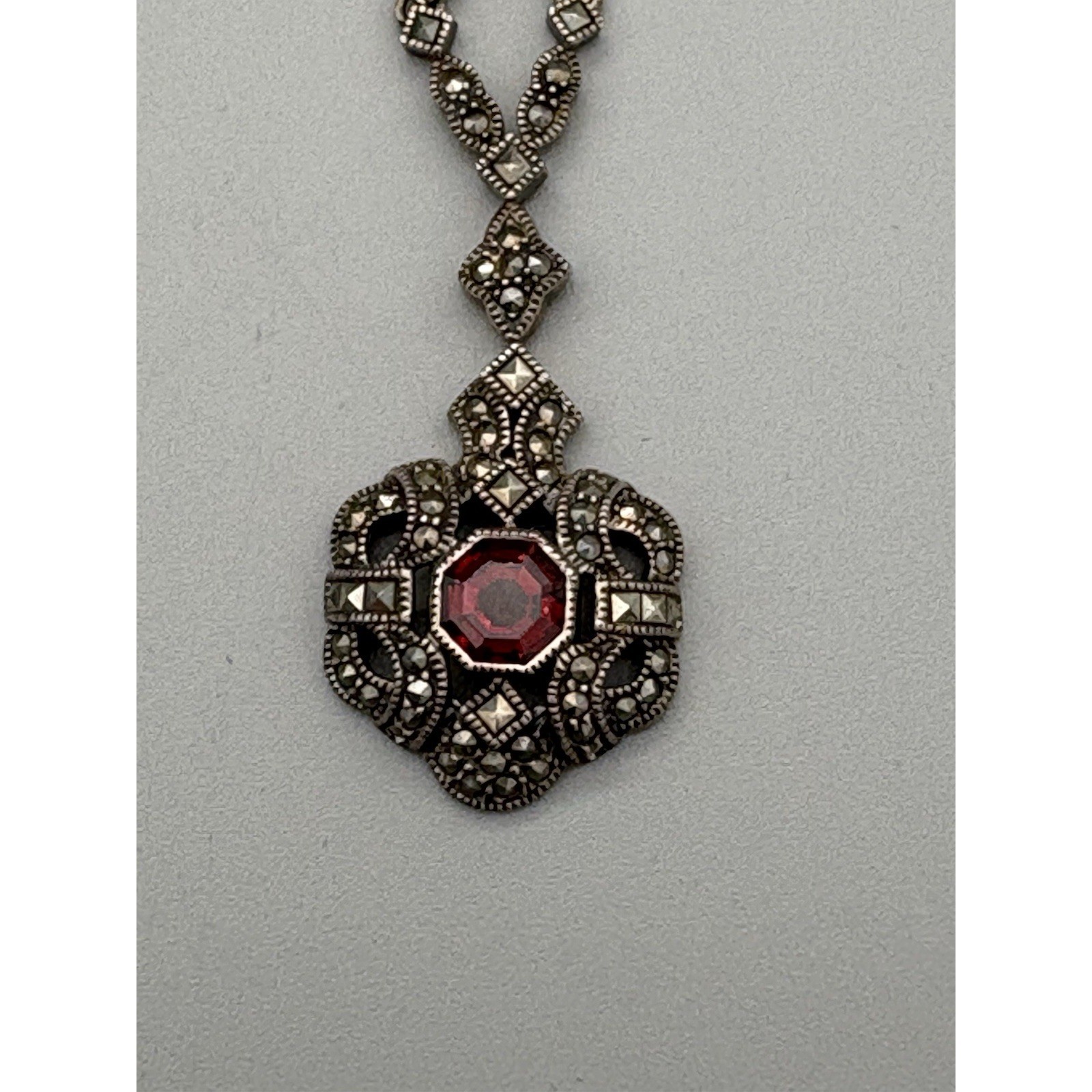 Judith Jack Marcasite sterling silver Necklace & SS Faux Pearl Earrings 30g 9″
