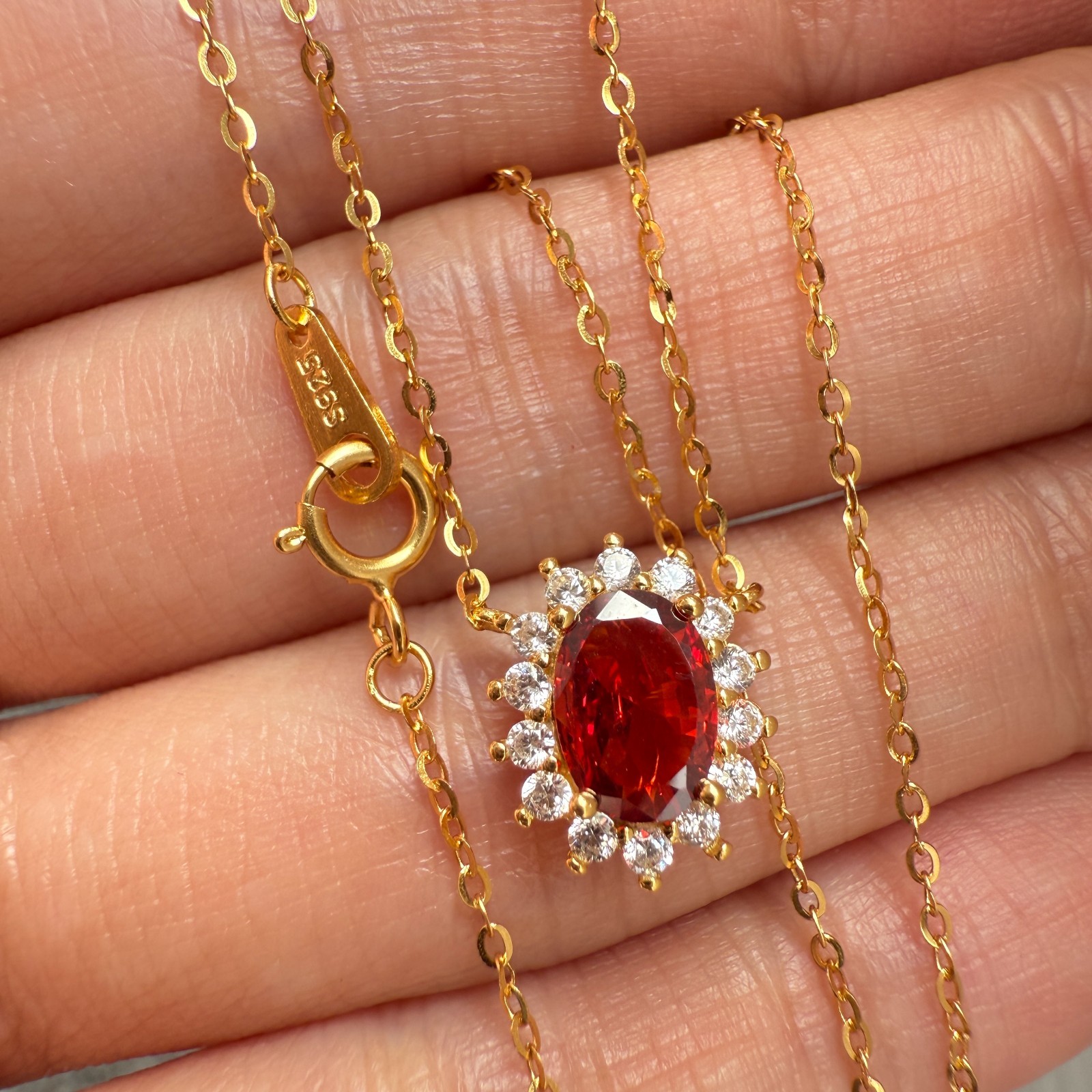925 Sterling Silver Necklace 7x5mm Natural Garnet Zircon Handmade Flower Chain