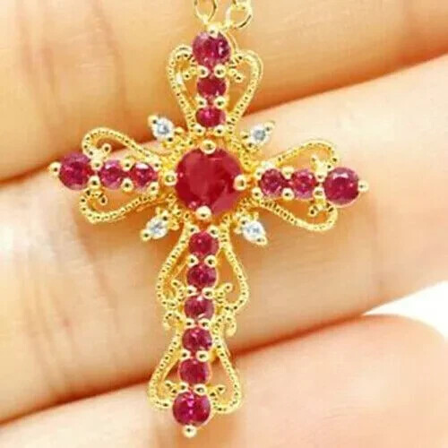 2.70Ct LabCreated Diamond Round Ruby Unique Cross Pendant 14K Yellow Gold Finish
