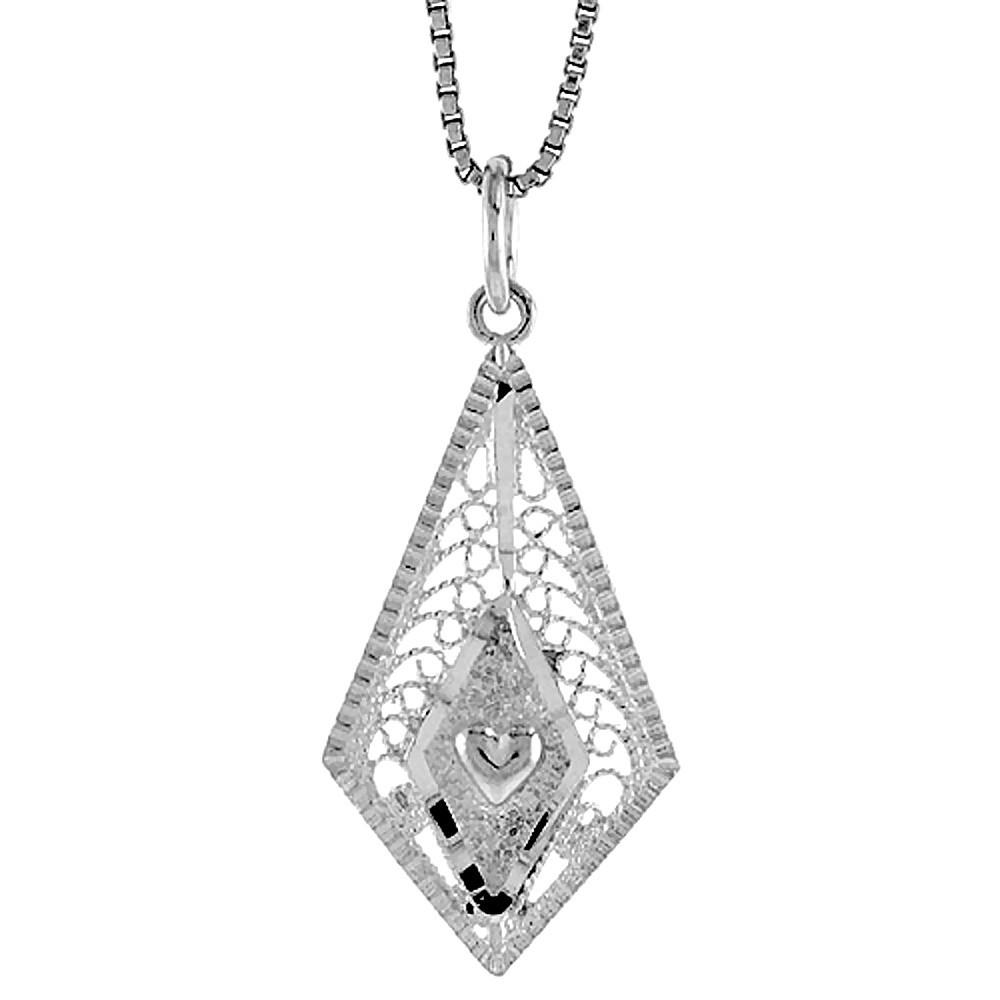 925 Sterling Silver Diamond Shaped Filigree Pendant 1 1/32 (26mm) Inch Tall