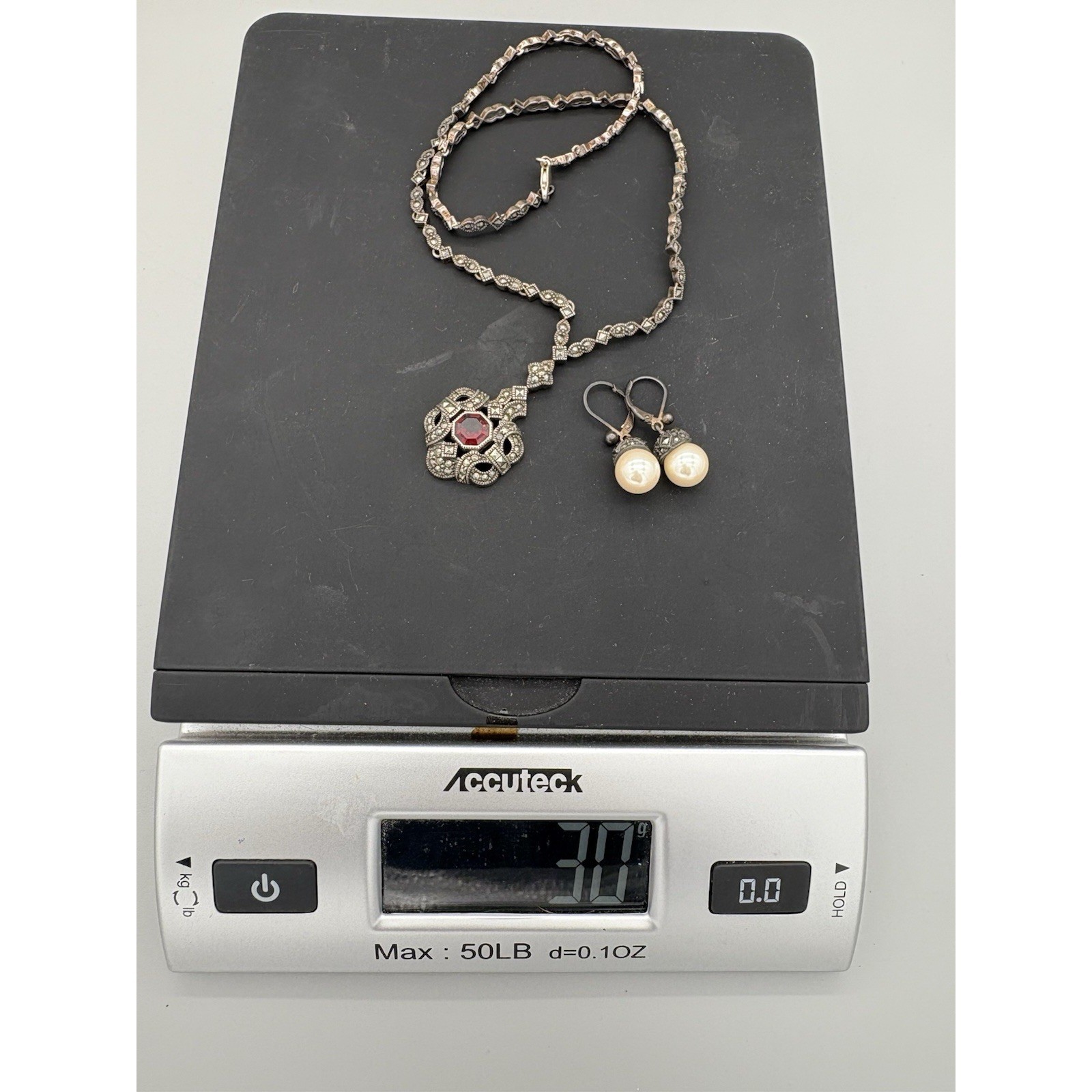 Judith Jack Marcasite sterling silver Necklace & SS Faux Pearl Earrings 30g 9″