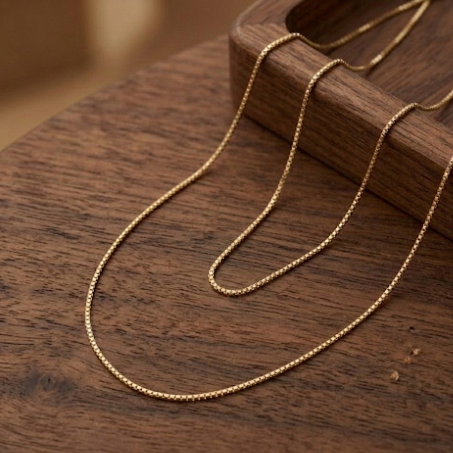 14k Real Solid Gold Box Style Chain Necklace, 0.6mm