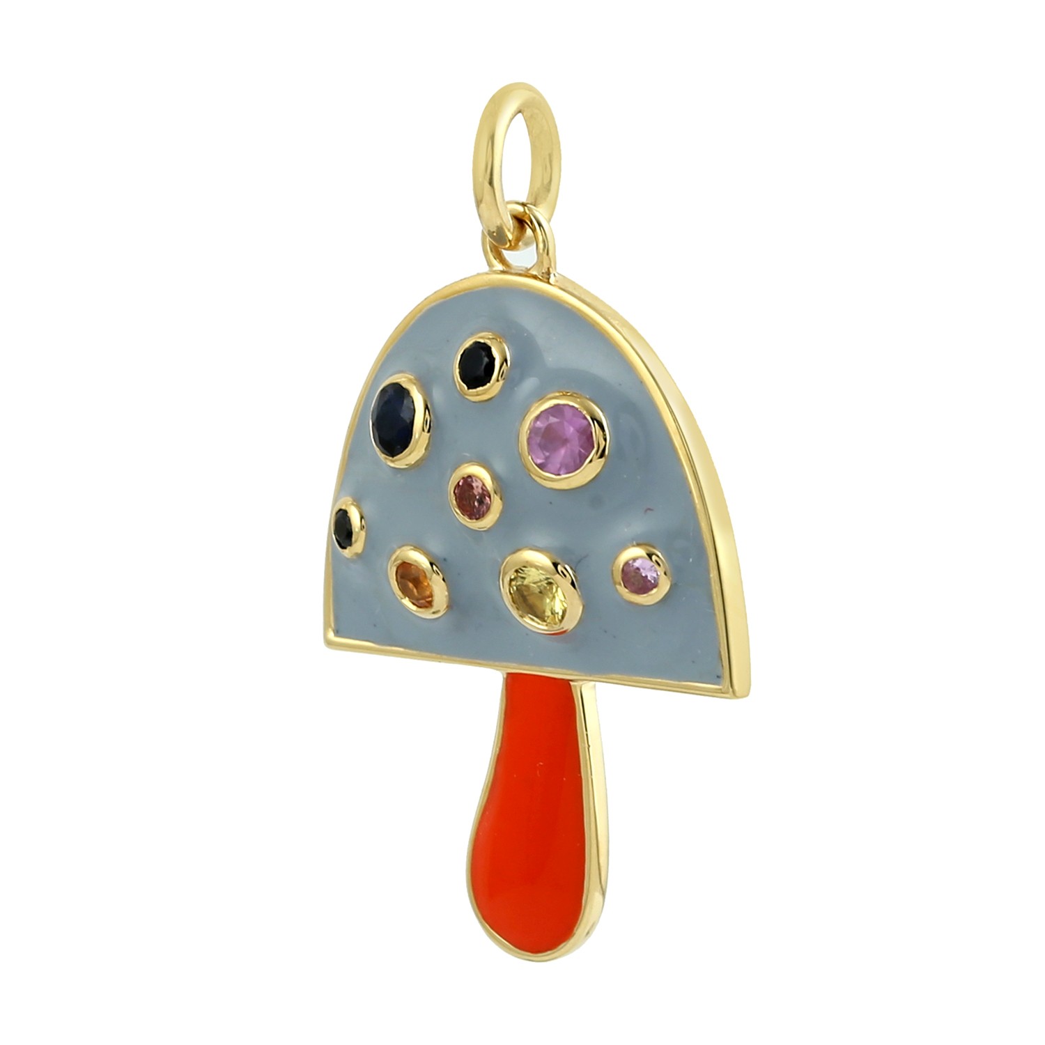 Multicolor Sapphire Gemstone With 14K Solid Yellow Gold Enamel Mushroom Pendant