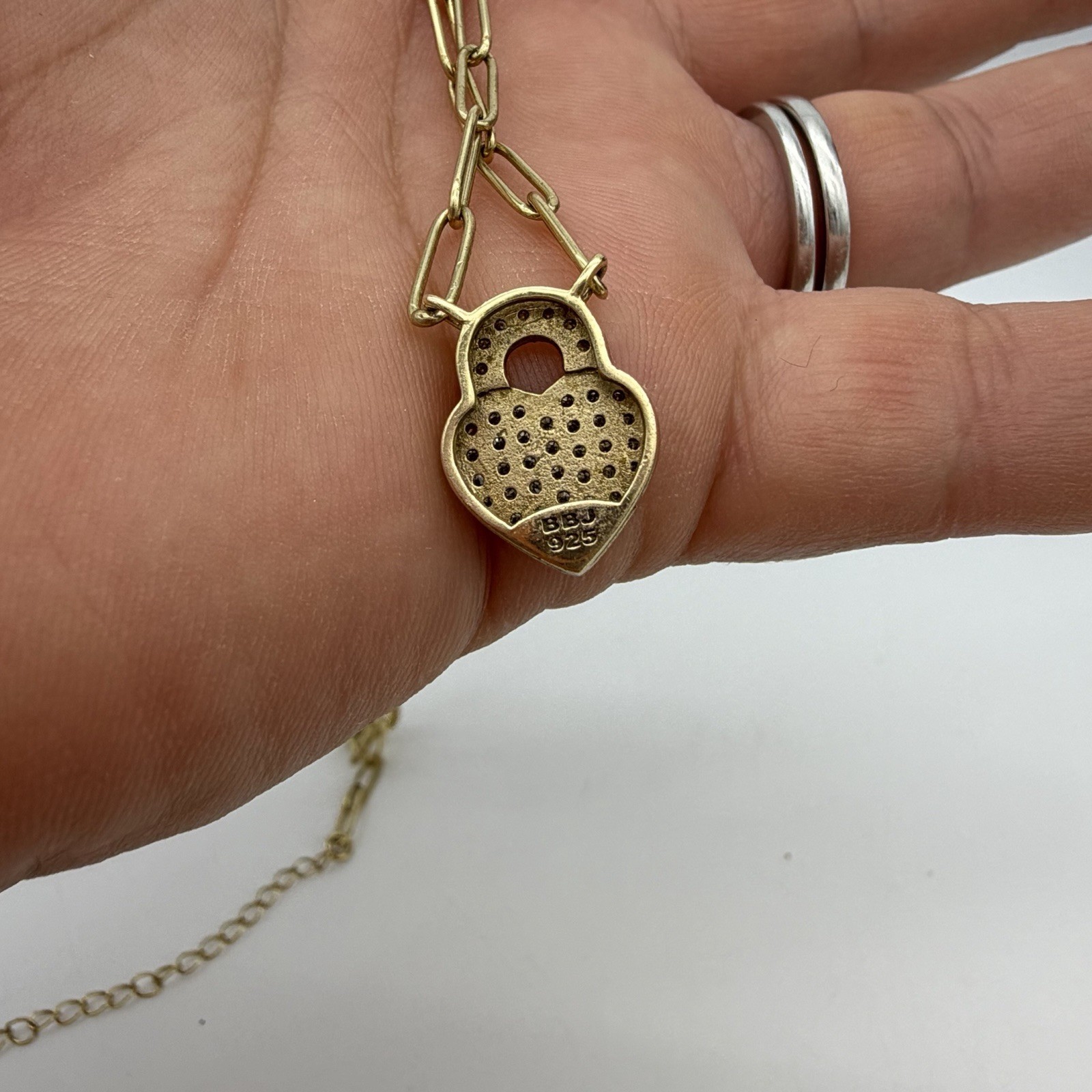 Vtg Sterling Over Gold Pave Diamond Heart Necklace Paper Clip Chain
