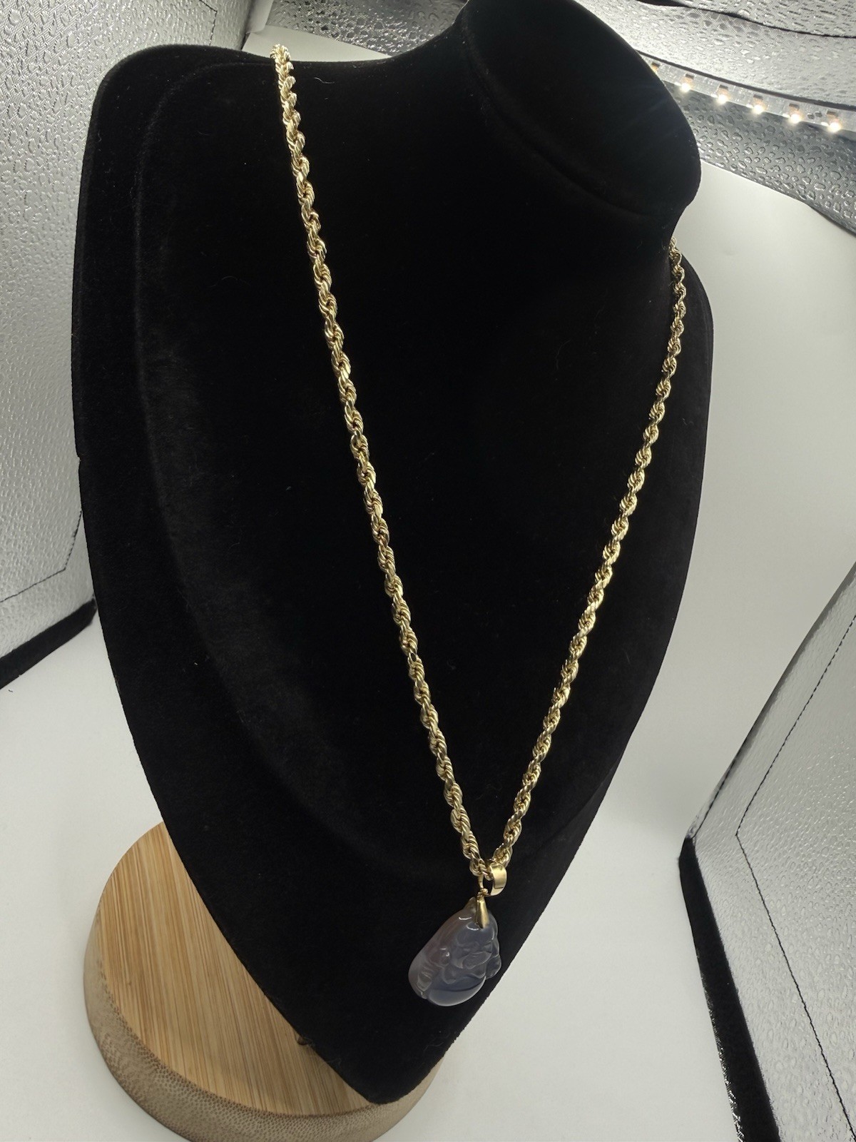10k Solid Gold Set 4mm 24” Rope & Genuine Purple Jade 10k Solid Gold Bezel