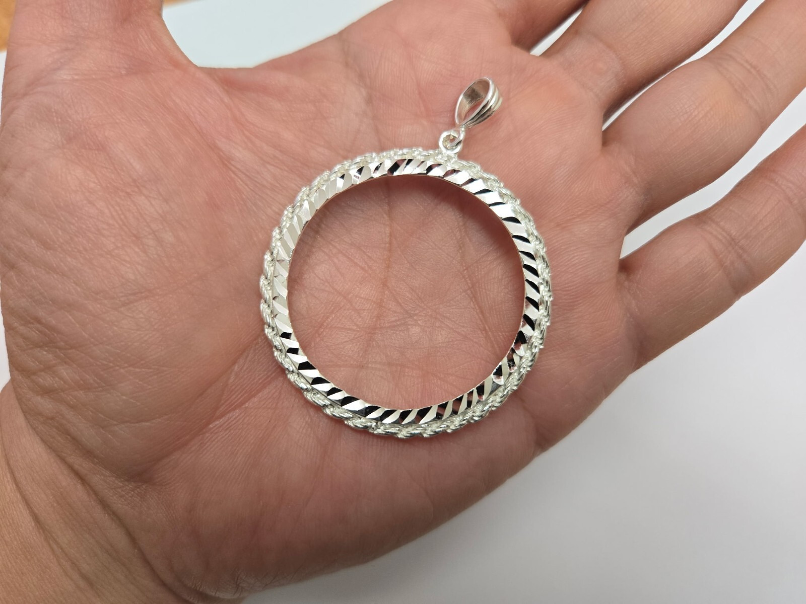 925 Sterling Silver Rope Edge Prong Back Bezel for 47mm 2 oz Pancho Villa Coin