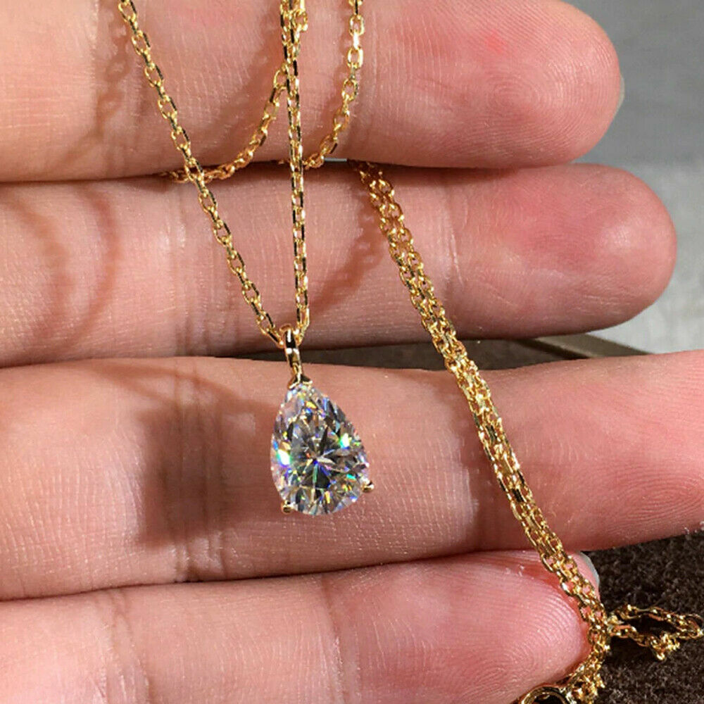 3.00 Ct Pear Cut Moissanite 3 Prong Solitaire Pendant /No chain In Yellow Gold