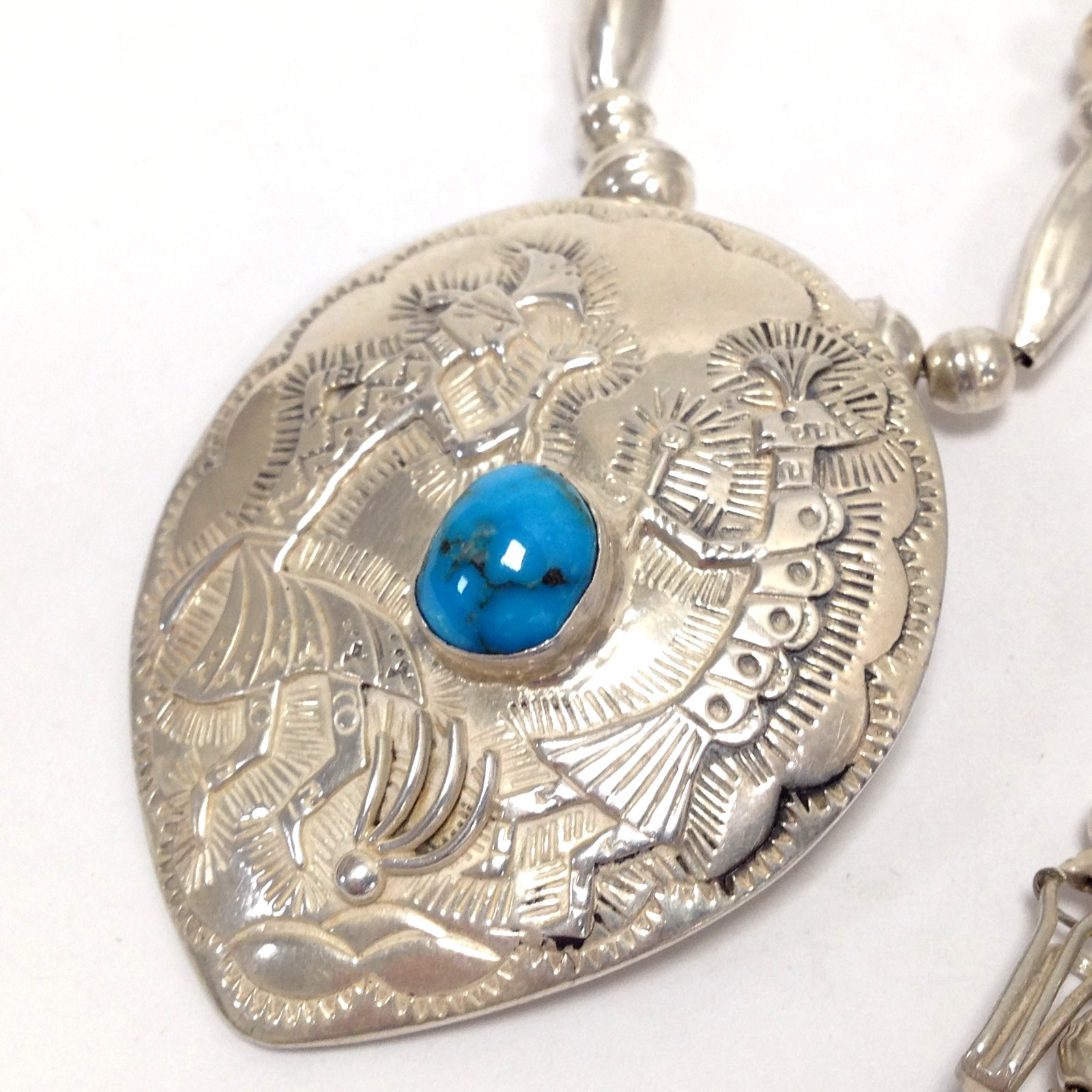 Sterling Silver Southwestern Kokopelli Shield Pendant Turquoise Necklace 23.5″