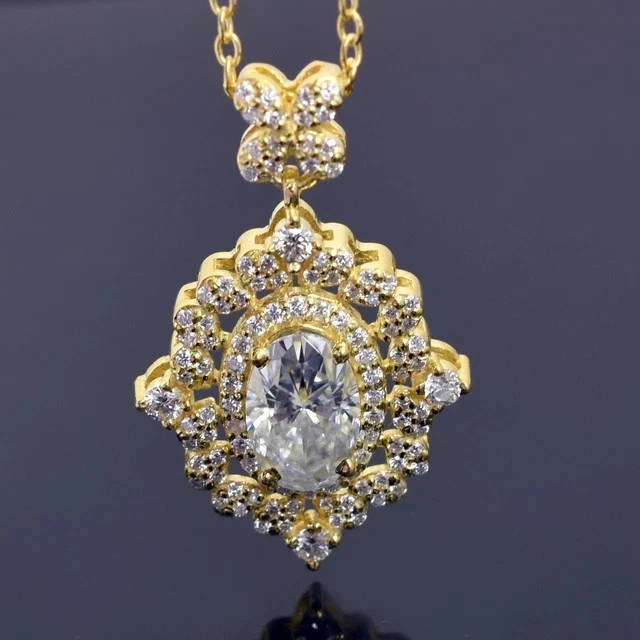 Real Moissanite 2.50Ct Oval Cut Woman’s Teardrop Pendant 14K Yellow Gold Plated
