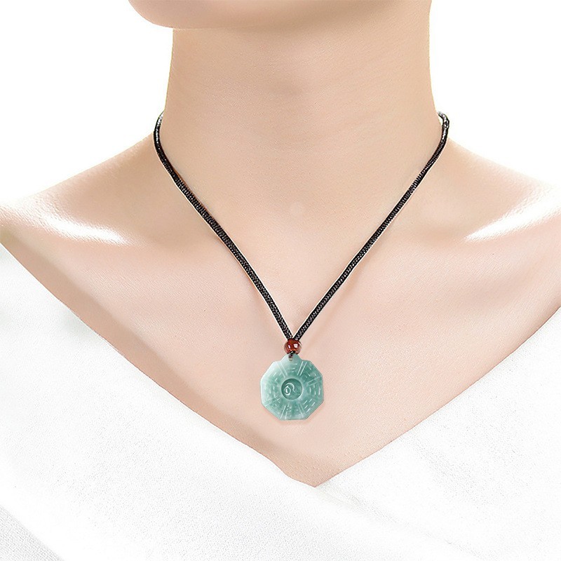 Green Jade Bagua Pendant Necklace Carved Yin Yang Amulet with Red Bead Cord