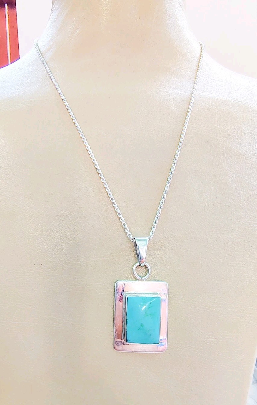 925 Sterling Silver Turquoise Pendant Necklace • Mexico & Italy • 16″ • 11.16g