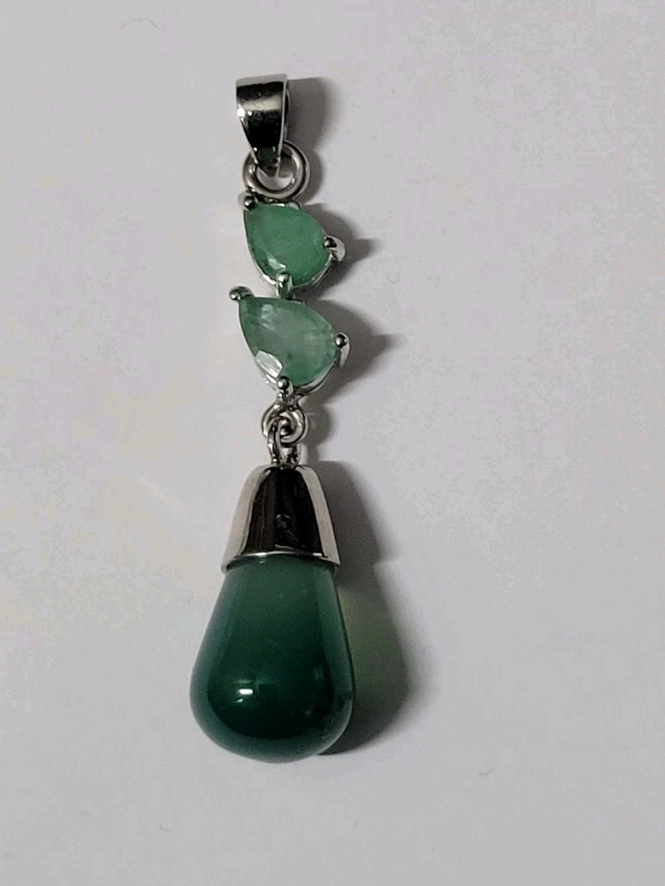Green Agate & Emerald Dangle 925 Sterling Silver Necklace Jewelry Pendant 1171