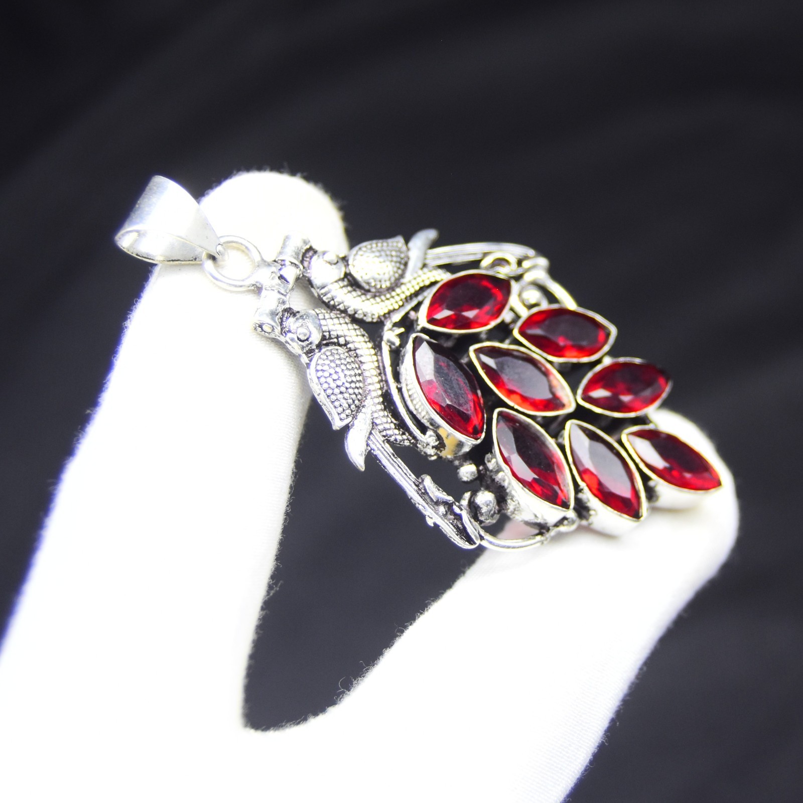 Mozambique Garnet Gemstone Leaf Pendant Handmade 925 Sterling Silver Jewelry