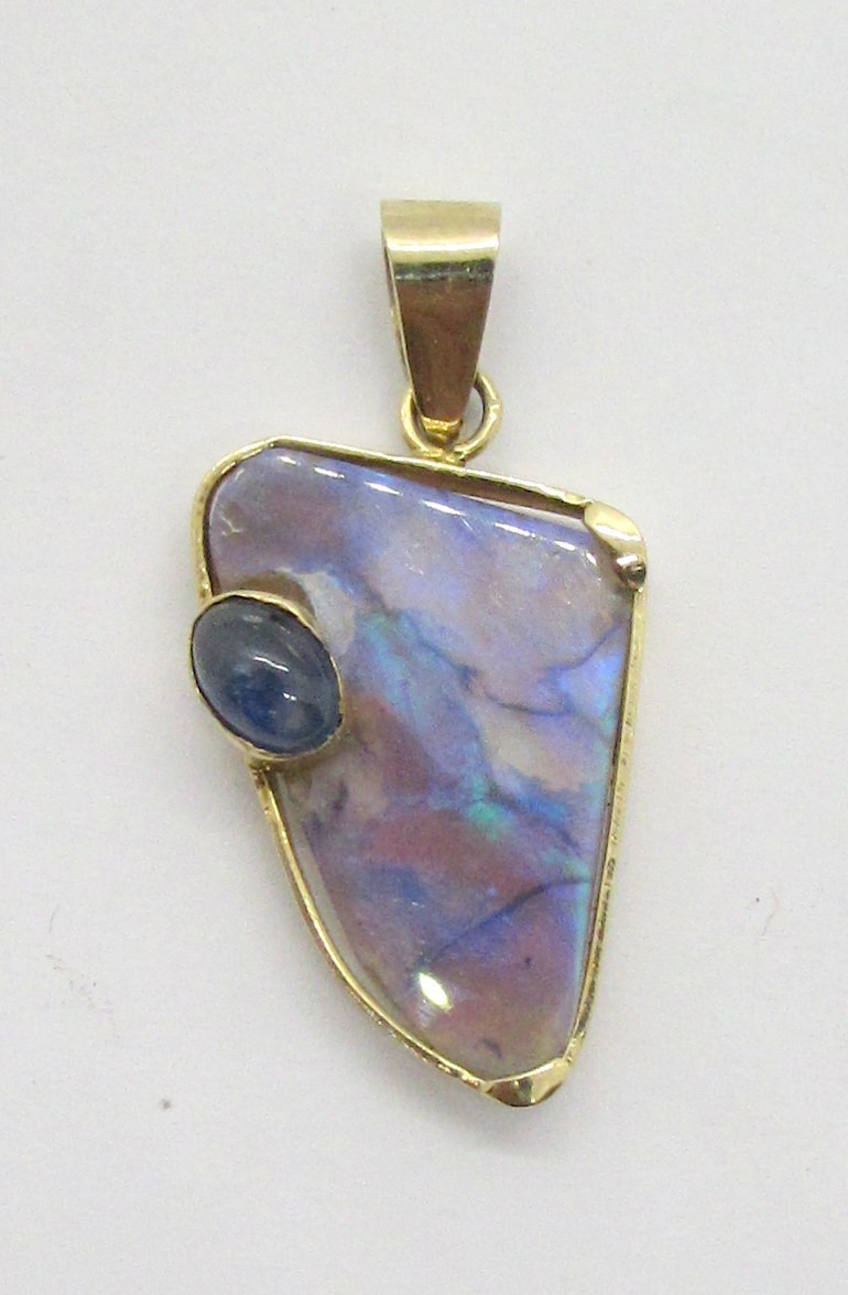 14K YELLOW GOLD LIGHTNING RIDGE OPAL & STAR SAPPHIRE PENDANT 31X16MM ~ 2.6 G