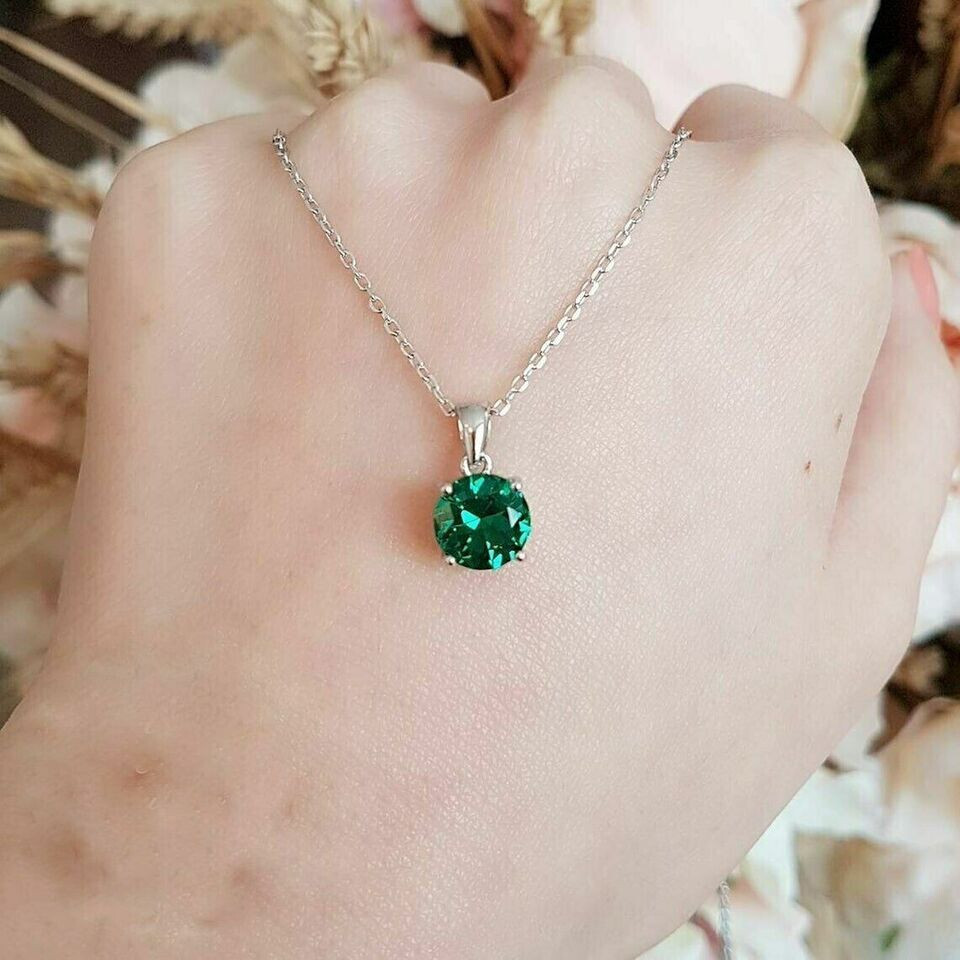 3CT Lab Created Green Emerald Pendant Necklace With Chain 14k White Gold Plated