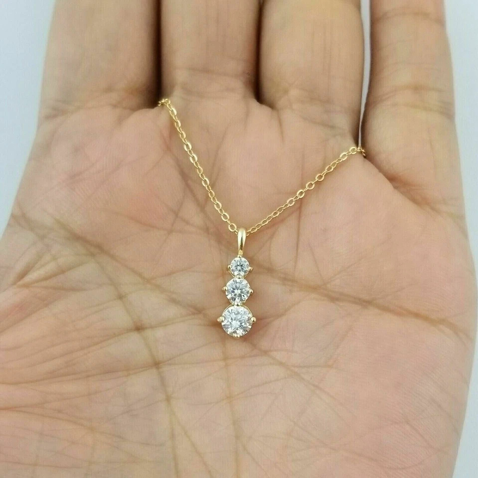 2Ct Round Cut Real Moissanite Three-Stone Journey Pendant 14K Yellow Gold Plated