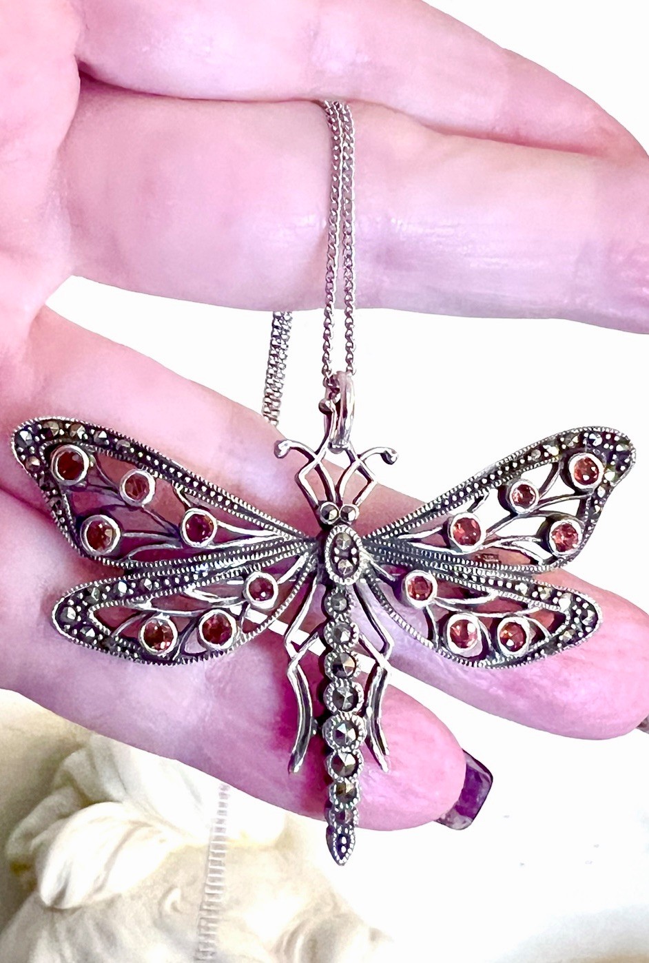 LOVELY Designer Sterling Silver & Garnet Dragonfly Brooch/Pendant Necklace