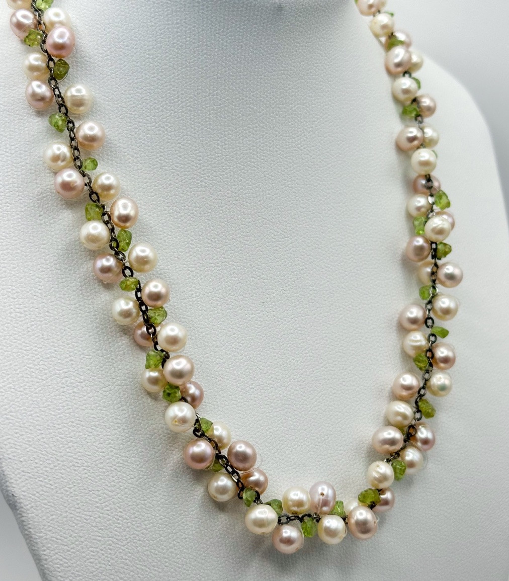 Green Stone Chip Pearl Necklace Sterling Silver Chain 13 In