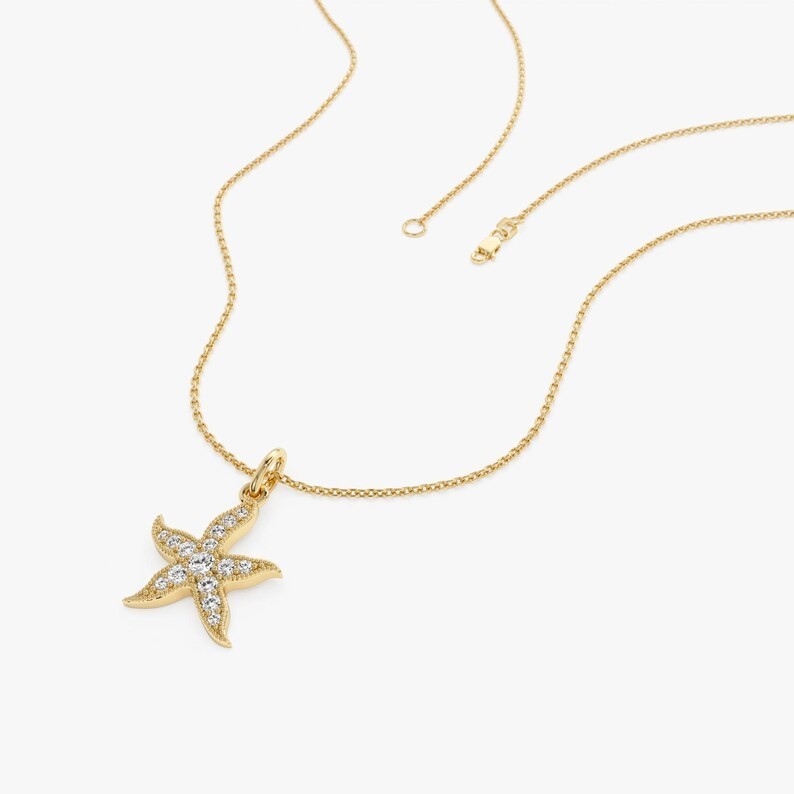 Minimalist Natural Diamond Starfish Charm Pendant 18” GH/SI 14K Gold 0.30Ct