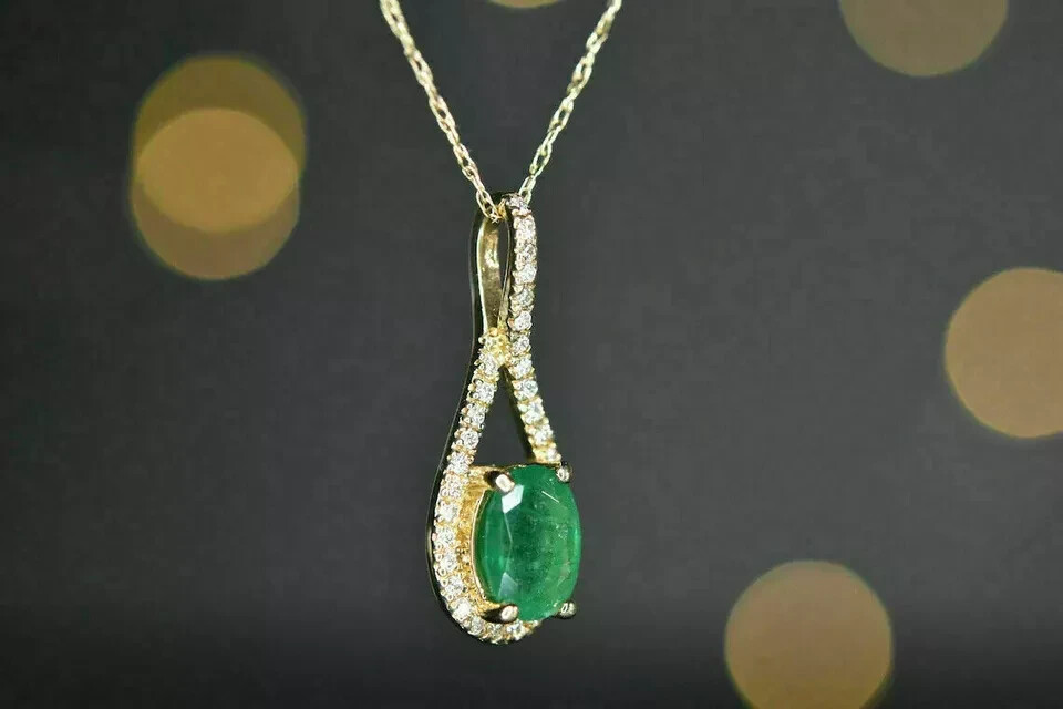 2Ct Oval Cut Green Emerald Halo Pendant Free Chain 14K Yellow Gold Finish