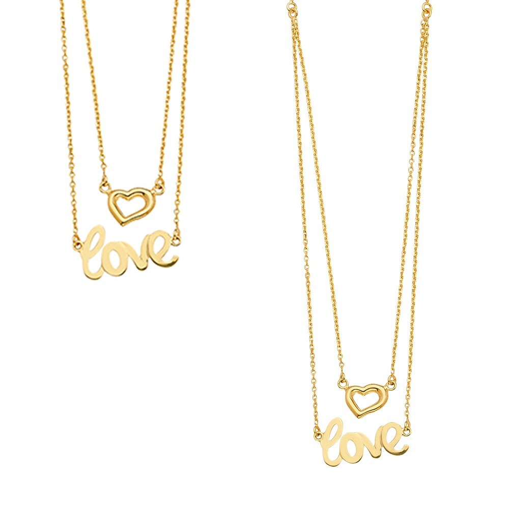 Gold 14K Yellow Gold 2Lines Chain Necklace w/Heart+Love