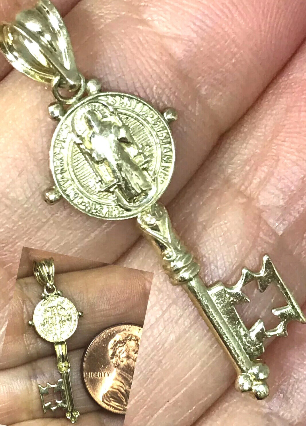 GOLd st Saint Benedict San Benito senita pendant key cross 10k solid charm 1.35″