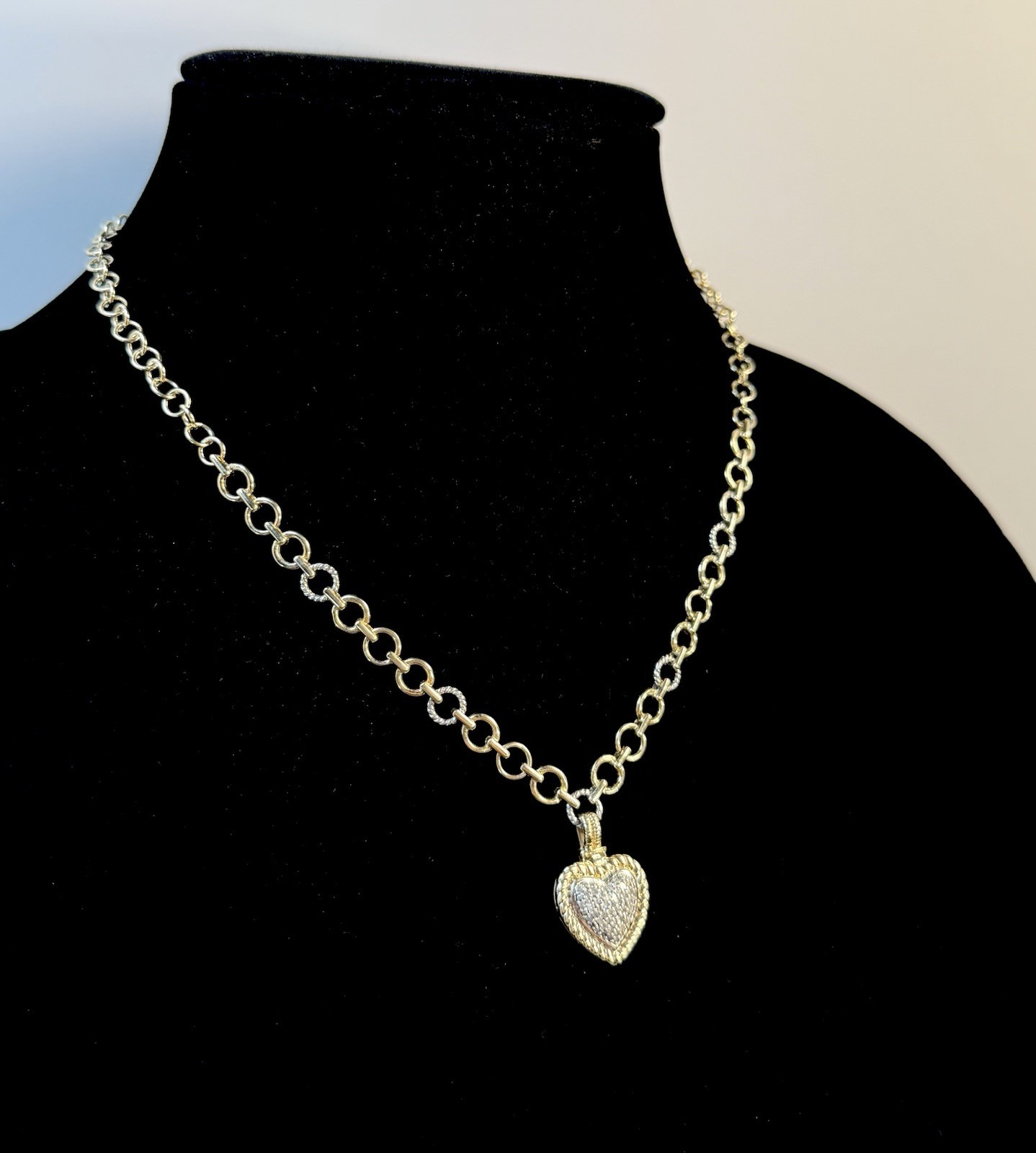 Heng Ngai 925 Sterling Silver Vermeil Pendant Necklace Pave Diamond Heart 16.75”