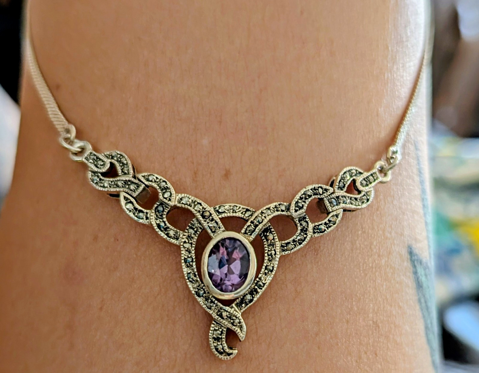 Sterling Silver 925 Purple Natural Oval Amethyst Bezel Pendant 18in Snake