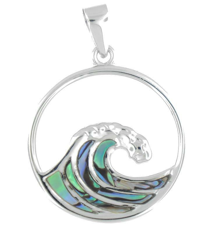 23.5MM SOLID 925 SILVER INLAID PAUA ABALONE SHELLS HAWAIIAN OCEAN WAVE PENDANT