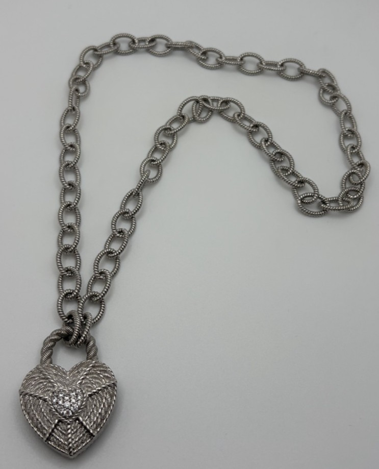 Judith Ripka Sterling Silver Heart Pendant Necklace 22″ 925 Thailand 51.62g