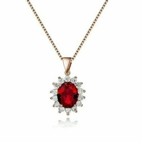 Oval Cut Lab Created Red Ruby Womens Pendant with Chain 14K Yellow Gold Plated
