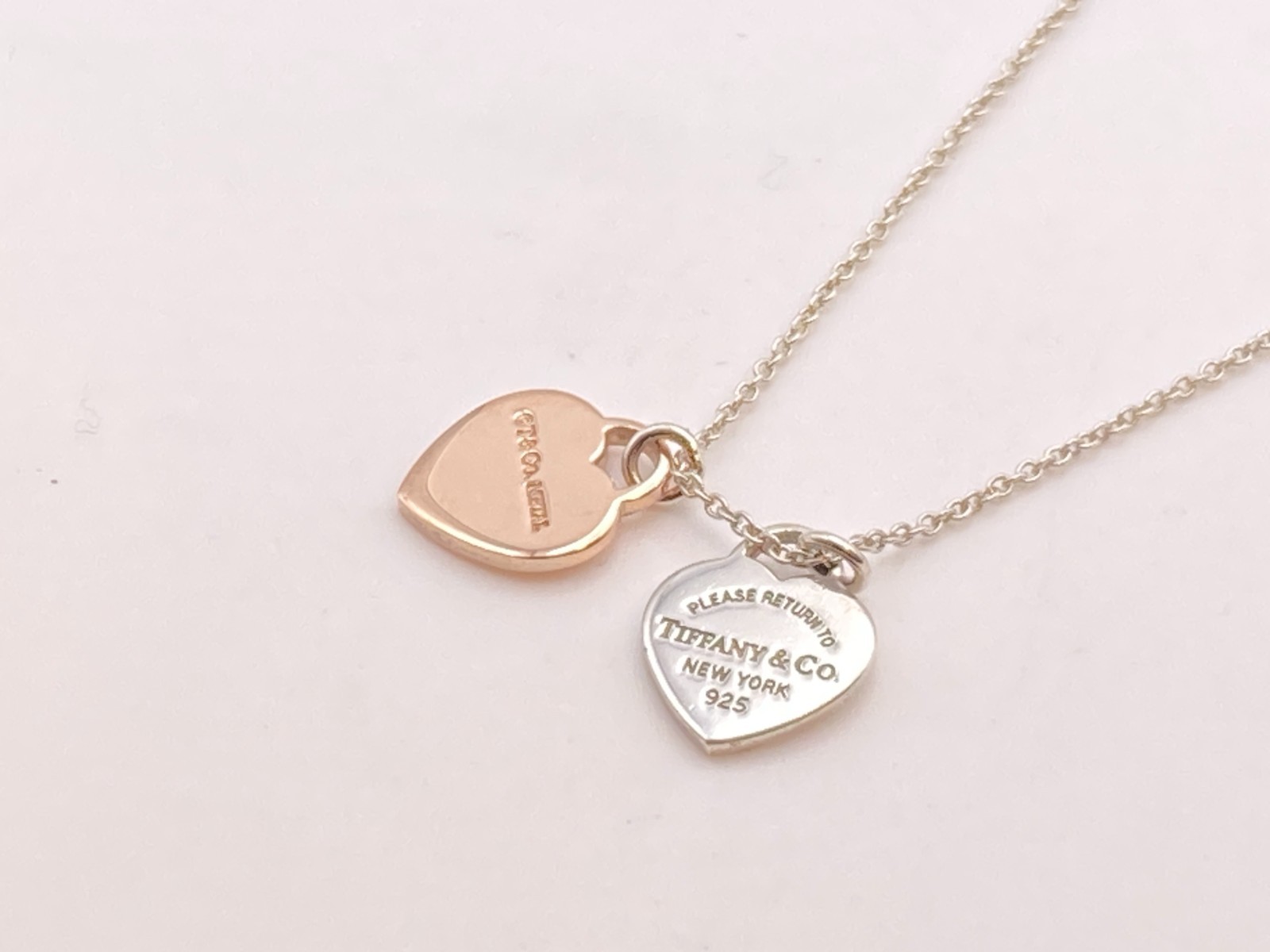 Tiffany & Co. Return to Round Duo Heart Rubedo Metal Necklace Silve 16″ 2.9g