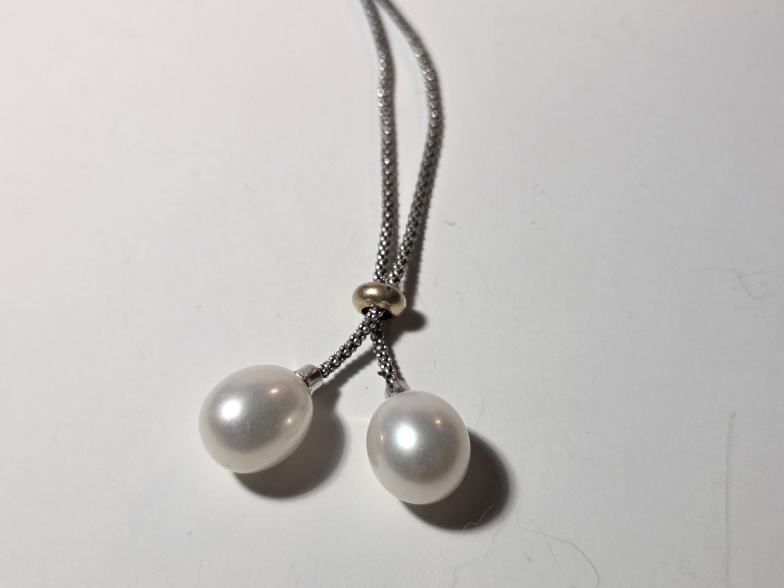 Sterling Silver And 14k Gold Lariat Necklace With Pearls 18″ 925 14k