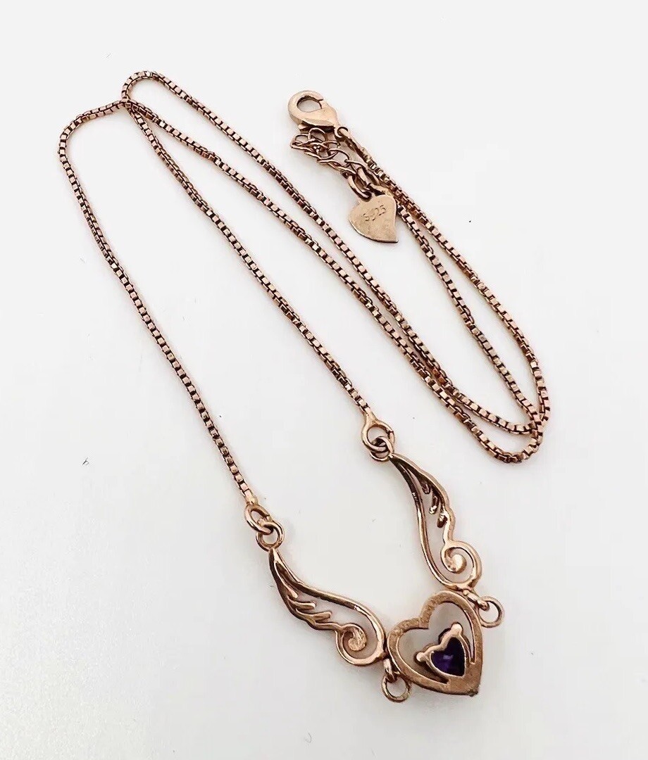 Sterling Silver Rose Gold Vermeil Amethyst Heart & Wings Necklace 18 Inch