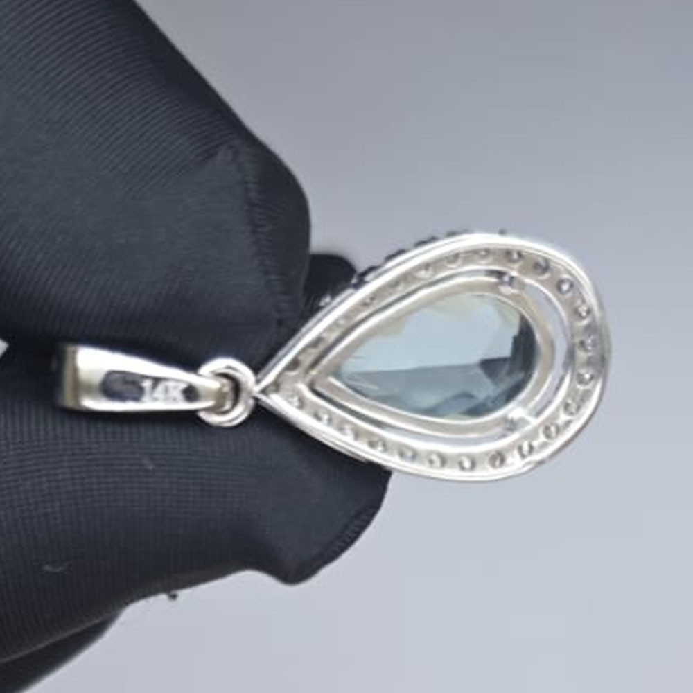 5.14ct Pear Cut Natural Aquamarine Gemstones Diamond Pendant Real 14K White Gold